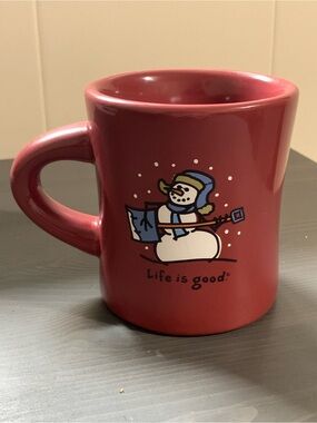 Life Is Good Red Mug with Snowman Graphic